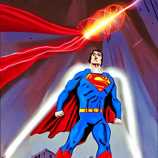 Image similar to highly detailed painting of superman firing lasers from his eyes into a crowd