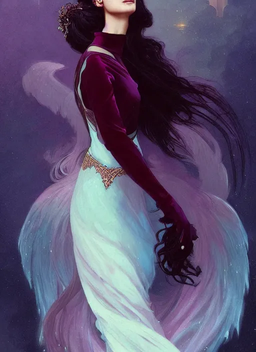 Image similar to ombre velvet gown, beautiful elegant bird woman with wings, portrait, dramatic light on face, long hair, tiara, dozens of jeweled necklaces, by greg rutkowski, brom, anato finnstark, alphonse mucha