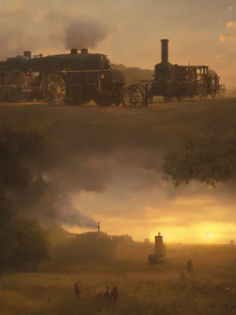 Image similar to a matte painting of steam machine in summer, matte painting, dusk, drama, by rozalski and peter ilsted, artstation