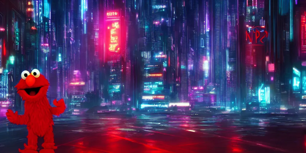 Image similar to elmo!! in cyberpunk night city wallpaper rendering, digital art