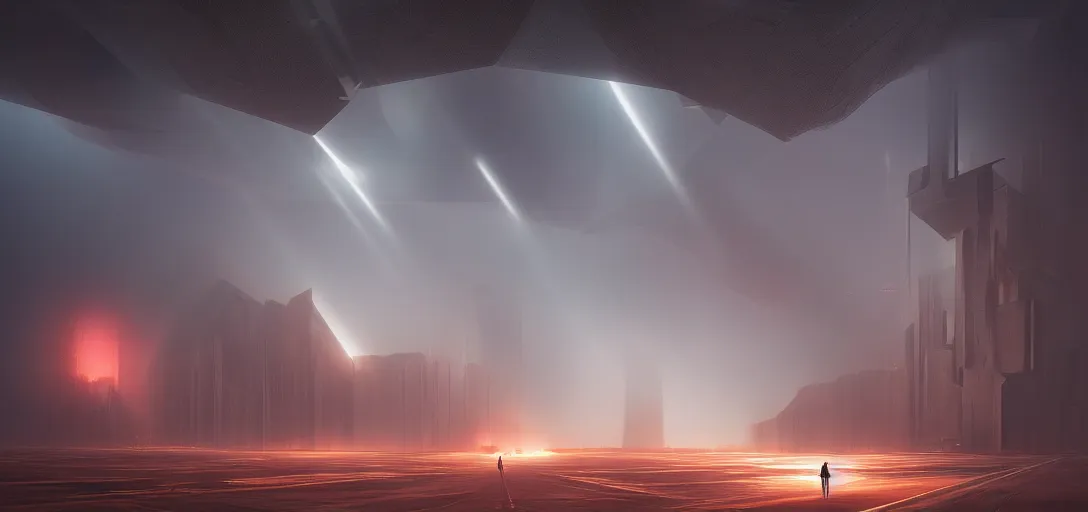 Image similar to view from the desert ground fire night stars of futuristic mechanical blade runner brutalist architecture, radiosity, dense fog, light rays, lens flare, symmetry, cinematic lighting, ultra detailed, sharp, ambient occlusion, bloom, raytracing, by greg rutowski, paul chadeisson and jessica rossier