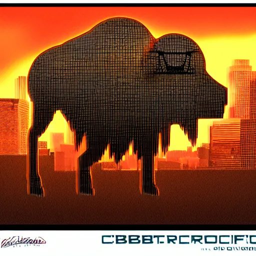 Image similar to cybertronic buffalo, digital art, golden hour lighting, film still, side lens.