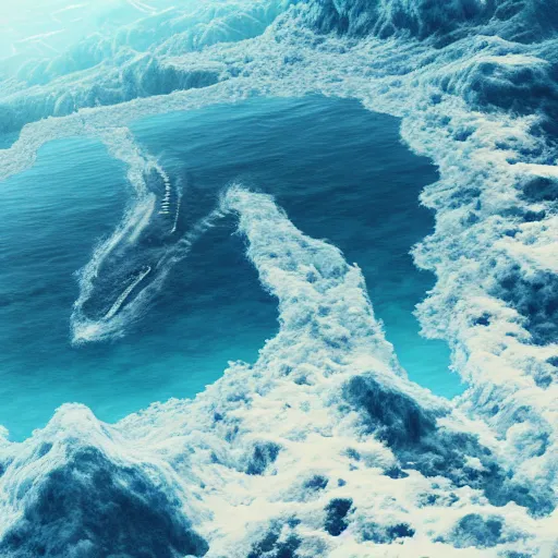 Image similar to aerial view of an alien ocean with clouds above it, sea leviathan serpent emerging out of the water, mountains on the background, octane render, detailed,