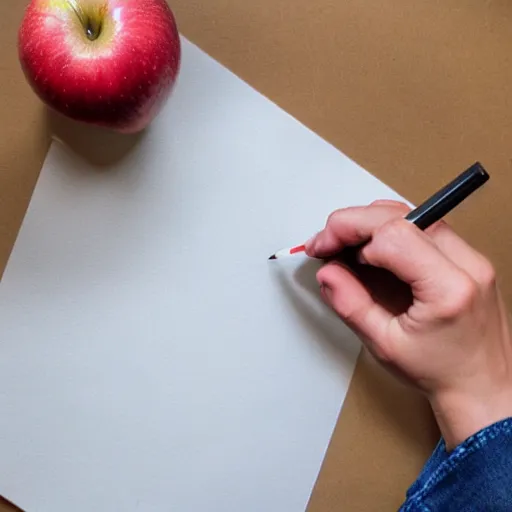 Prompt: photo pencil touching the paper drawing an apple