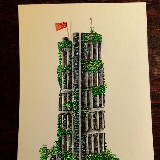 Image similar to ruins of a tower covered in creepers, beautiful, intricate, detailed, watercolour