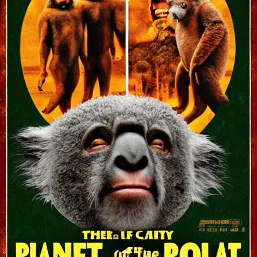 Image similar to planet of the koalas in the style of the movie poster of planet of the apes, movie poster, high quality, intricate detail