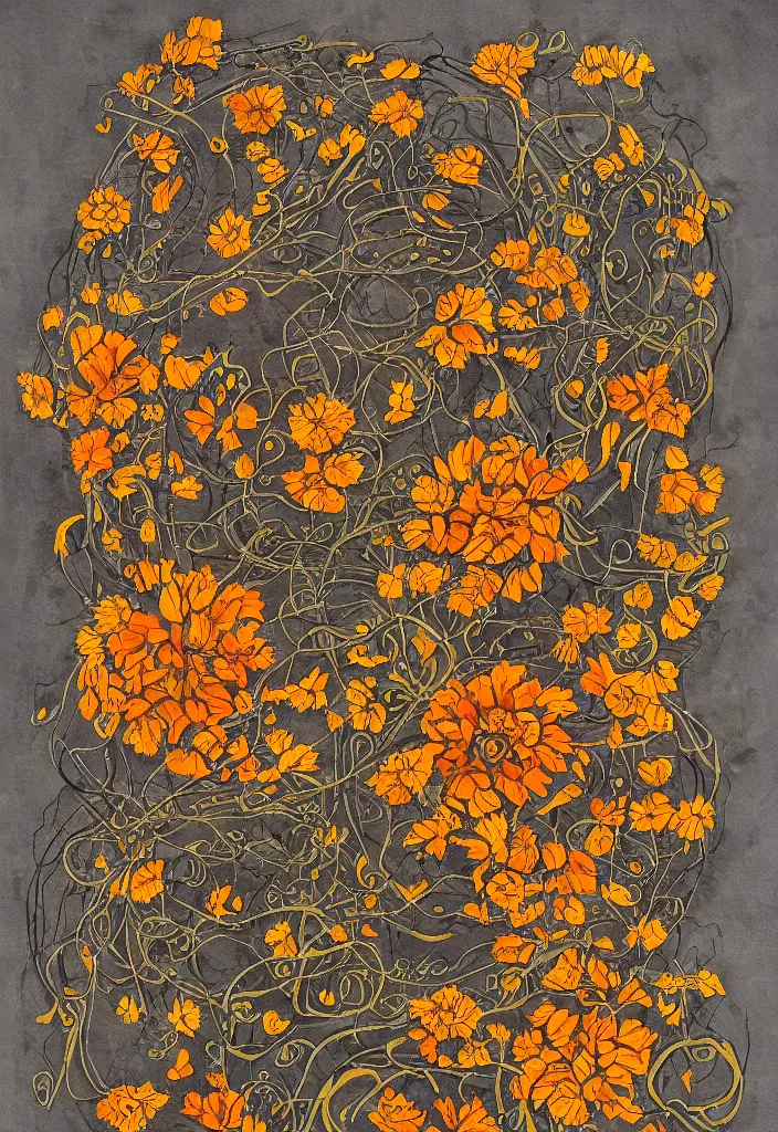 Image similar to award winning mandala artwork about withered sunflowers and dry nasturtiums with vines, dark tones