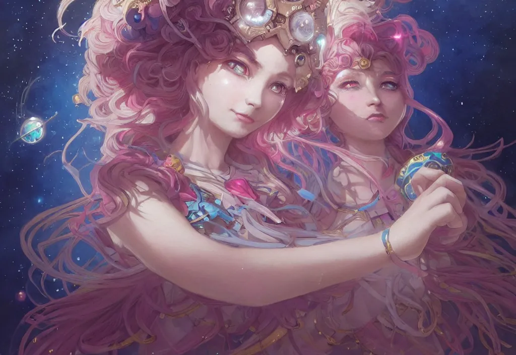 Prompt: close up picture of an maximalist dress magical girl, neat hair with bangs, smug face, fist to camera, extremely beautiful and aesthetic and detailed cute face and eyes, wipe out evils with cute astronaut familiar sprites, aming the magical beams, chiaroscuro, intricate, masterpiece, fantasy illustrations by peter mohrbacher and anato finnstark and jeremy lipking