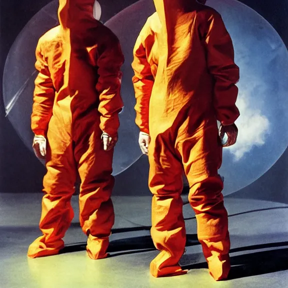 Prompt: two scientists wearing red rick owens fusion core hazmat suits with their hands in their pockets escaping the glowing geometric vortex by frank frazetta