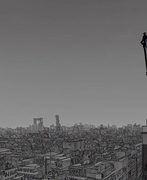 Image similar to human standing on top of the building, watching the city skyline calmly glowing on the background, inspired by isaac levitan, noir comics esthetics, sharp focus, less detailed, 8 k, high resolution