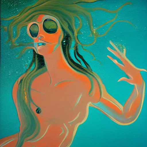 Prompt: underwater beauty silhouette drowning in a turquoise wavy sea, feminine, healing, appeasing, waves, tsunami, she loves another one, mental health, oil painting, by francis bacon, emotional conflict, hd, 8 k, trending on artstation, paradoxal, perfect framing, neo - expressionism, expressive