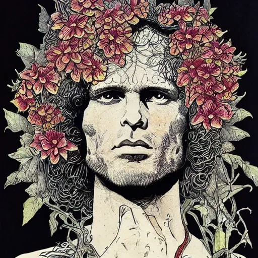 Prompt: symmetrical jim morrison as a lizard king, very detailed style of takato yamamoto lots of flowers