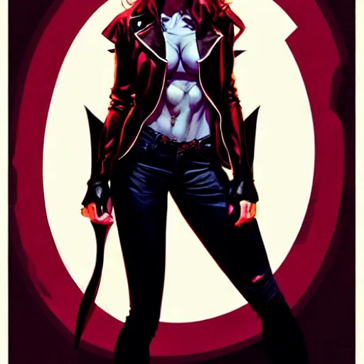 Image similar to rafael albuquerque comic art, peter mohrbacher, steve niles, artgerm, pretty scarlett johansson vampire sharp vampire teeth open mouth, symmetrical eyes, black leather jacket, jeans, long blonde hair, full body