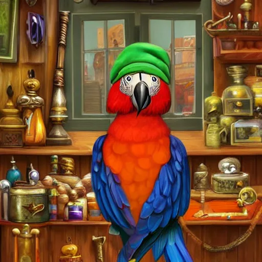 Image similar to Anthropomorphized parrot trader in his shop, selling his wares, portrait, items, items, magic potions, carpet, window, fancy hat, sly expression , cunning expression, cute expression, long thick shiny black beak, presenting wares, holding a bag, D&D, fantasy, cinematic lighting, highly detailed, digital painting, artstation, concept art, smooth, sharp focus, illustration, warm light, cozy warm tint, magic the gathering artwork, volumetric lighting, 8k, art by Akihiko Yoshida, Greg Rutkowski