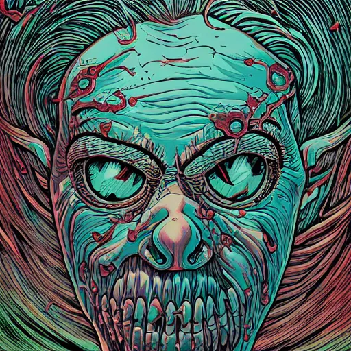 Image similar to head eating itself with long tongue and dark ink bombing from the eye, illustrated by Dan Mumford