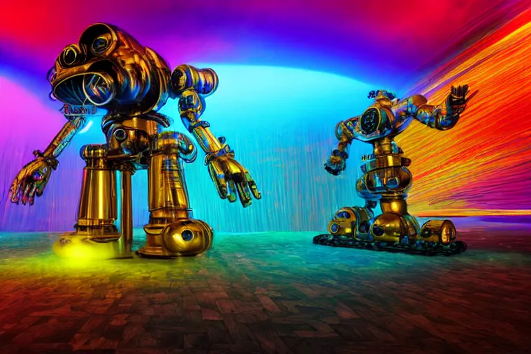 Prompt: floor is fluffy rainbow foam, portrait photo of a giant huge golden and blue metal steampunk robot, with gears and tubes, eyes are glowing red lightbulbs, shiny crisp finish, 3 d render, 8 k, insaneley detailed, fluorescent colors, background is multicolored lasershow