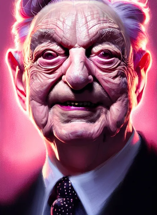 Prompt: portrait of george soros, realistic, smile, ugly, defined jawline, pink hair bow, intricate, elegant, glowing lights, highly detailed, digital painting, artstation, sharp focus, illustration, art by wlop, mars ravelo and greg rutkowski