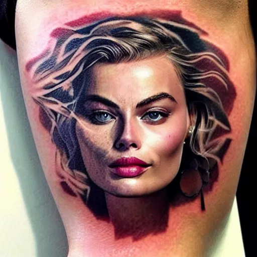 Image similar to face morph tattoo design of margot robbie and beautiful mountain scenery, in the style of arlo dicristina, amazing detail, mash up