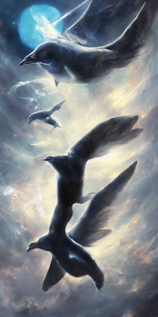 Image similar to a painting of a cosmic penguin flying through the sky, poster art by raymond swanland, deviantart, fantasy art, christian, deviantart, mystical