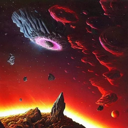 Prompt: asteroids floating in outer space, a dark gothic castle on top of an asteroid, red and purple nebula, Dan Seagrave art
