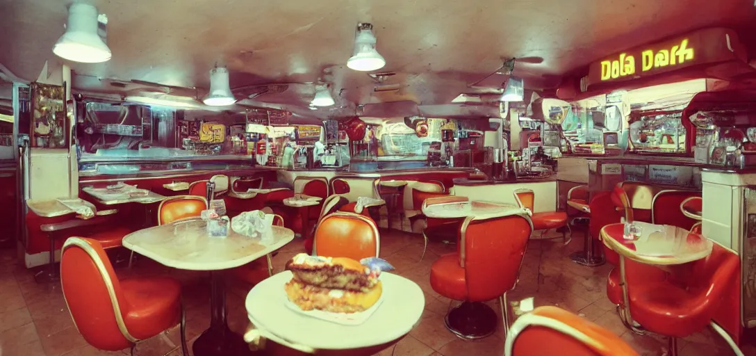 Prompt: !dream daleks inside a vintage fast food restaurant, serving food, hamburgers and soda, happy family, kodak Ektachrome 10, 15mm wide angle close up