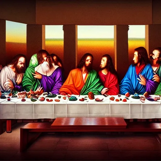 Image similar to Photorealistic asuka soryu at jesus's last supper. Hyperdetailed photorealism, 108 megapixels, amazing depth, glowing rich colors, powerful imagery, psychedelic Overtones, 3D finalrender, 3d shading, cinematic lighting, artstation concept art