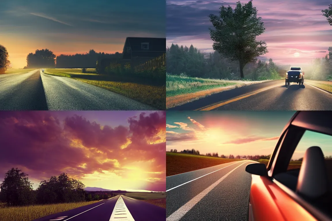 Prompt: a person driving through a rural neighborhood during sunrise, cozy, photorealistic