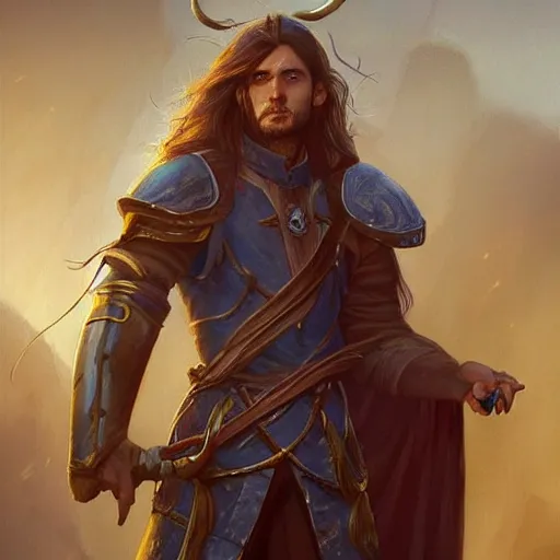 Prompt: male tiefling painter with long tied hair, full body portrait, lightning fantasy magic, medieval city background, D&D, highly detailed, digital painting, HD, ArtStation, great composition, concept art, matte, sharp focus, illustration, art by artgerm and Greg Rutkowski