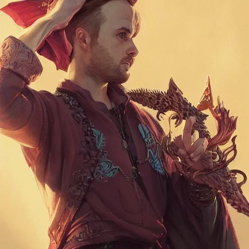 Image similar to jesse pinkman, d & d, fantasy, intricate, elegant, highly detailed, digital painting, artstation, concept art, matte, sharp focus, illustration, hearthstone, art by artgerm and greg rutkowski and alphonse mucha