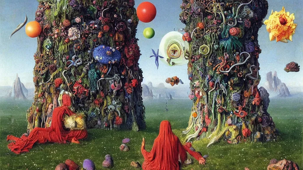 Image similar to a meditating druid shaman surrounded by a single colorful! ( lovecraftian ) humanoid fungus tower white! clear empty sky, a high contrast!! ultradetailed photorealistic painting by jan van eyck, audubon, rene magritte, agnes pelton, max ernst, walton ford, andreas achenbach, ernst haeckel, hard lighting, masterpiece