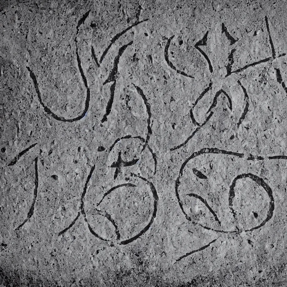 Prompt: ancient symbol for the word ersatz etched on stone, black and white