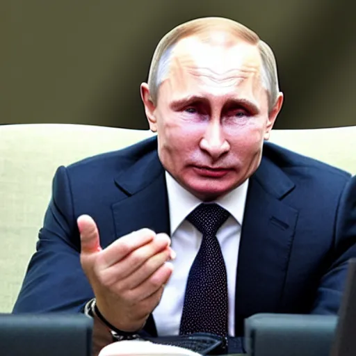 Image similar to putin with his face in his hands with a laptop which is on fire sitting next to him on the ground.