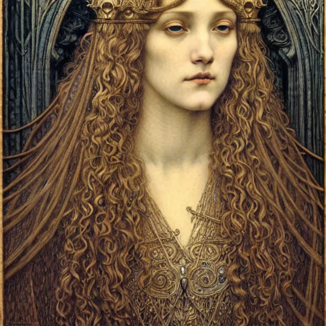 Image similar to detailed realistic beautiful young medieval queen face portrait by jean delville, gustave dore and marco mazzoni, art nouveau, symbolist, visionary, gothic, pre - raphaelite. horizontal symmetry