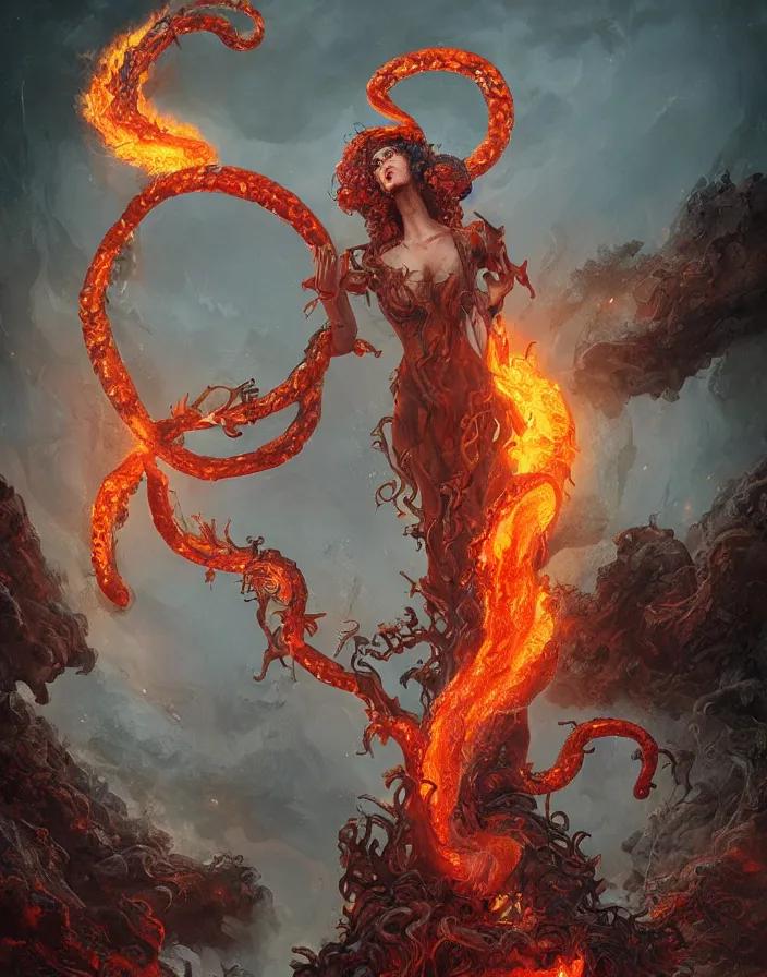 Image similar to a splatterpunk pose of a gorgon woman with flaming snakes for hair staring into a volcano, hyperrealistic, award-winning, in the style of Tom Bagshaw, Cedric Peyravernay, Peter Mohrbacher