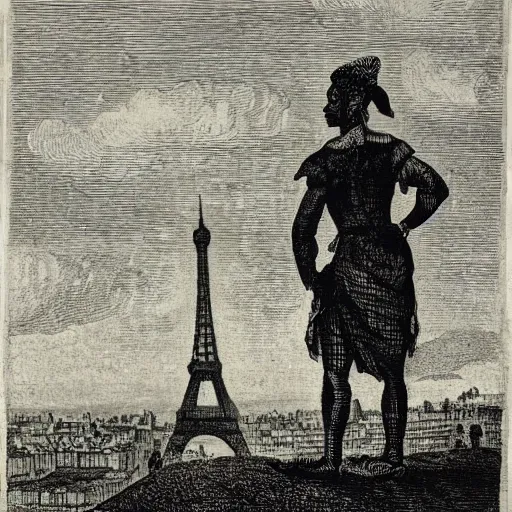 Prompt: african explorers standing on a hill overlooking paris with the eiffel tower in the background, etching from 1 7 0 0 s