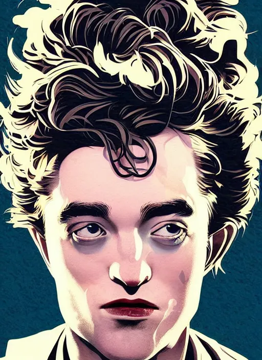 Image similar to poster artwork by Michael Whelan and Tomer Hanuka, Karol Bak, of the young researcher Robert Pattinson from scene from Twin Peaks, clean