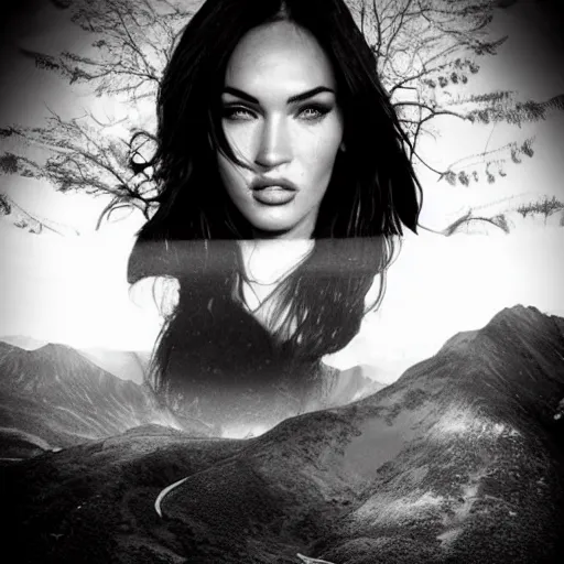 Image similar to double - exposure effect of megan fox face in beautiful mountains, in the style of dan mountford, amazing detail, black and white