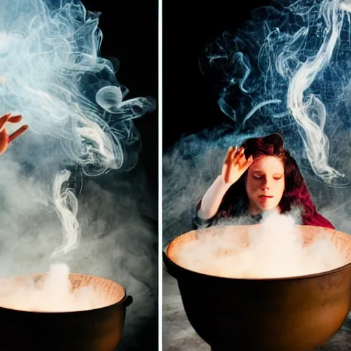 Image similar to teen witch mixing a spell in a cauldron, wispy smoke, studio lighting