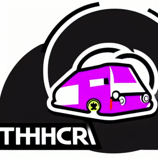 Image similar to white and black cute thor chateau motorhome camper, highway, mountains and sunset!!, everything enclosed in a circle, happy, professional colorful logo illustration