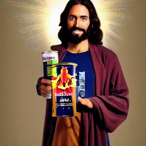 Image similar to jesus holding a can of Redbull