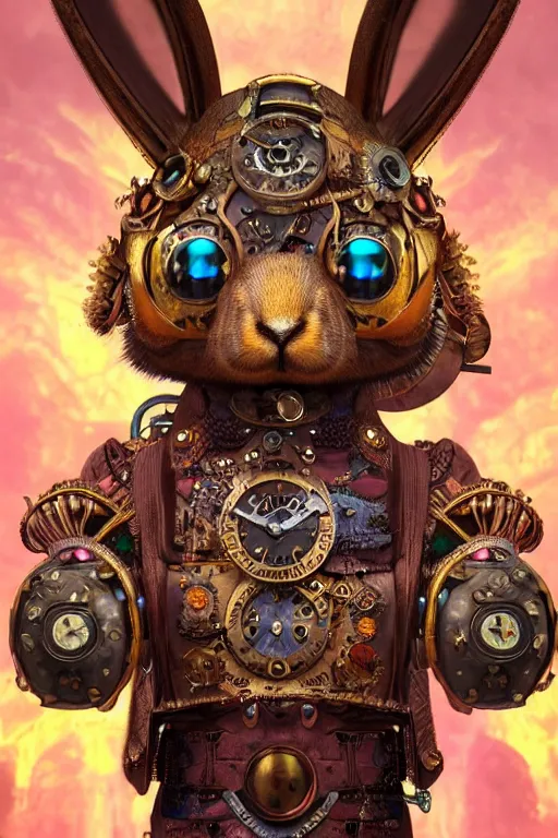 Image similar to ultra realist soft painting of a single steampunk rabbit warrior, very intricate details, rainbow lighting, reflectioons, refractions, symmetry accurate anatomy features, unreal render