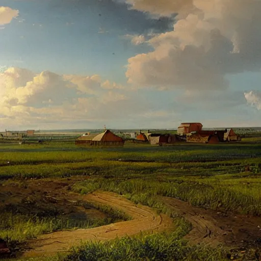 Prompt: matte painting of russian small town in the steppes by ivan shishkin