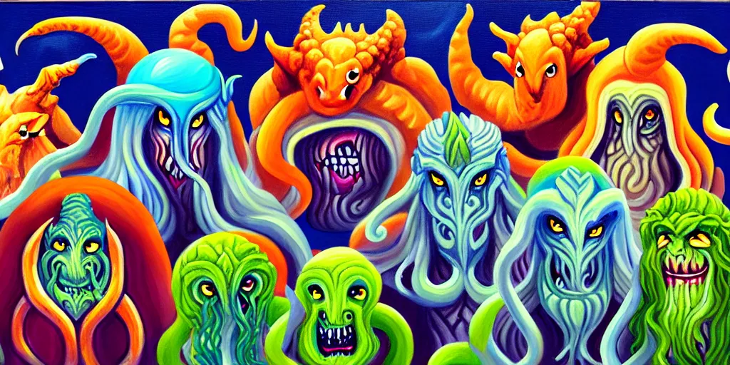 Image similar to portrait painting of a group of mythical monsters and beasts in a squishy style