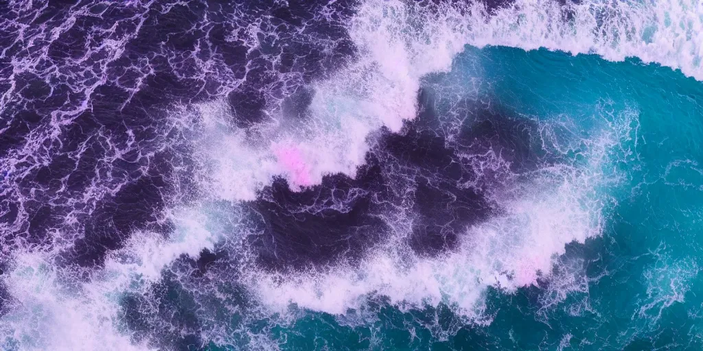 Image similar to blue purple and pink colored ocean waves rolling into the beach that look like the great wave off Kanagawa, high resolution, 8k