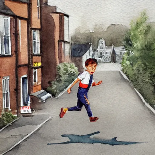 Prompt: a young boy wearing brown dungarees runs down a street in bellshill scotland. he is running towards a giant tic - tac box. watercolour