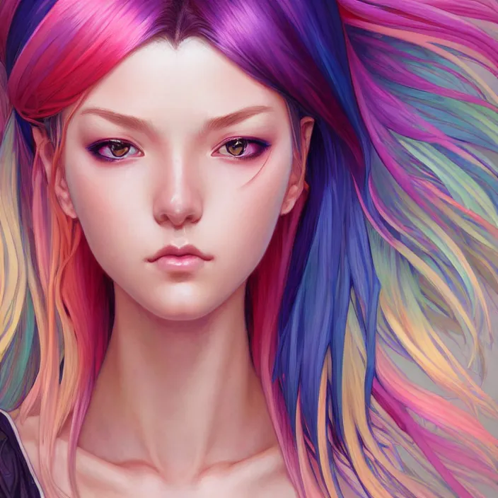 Image similar to portrait of beautiful symmetrical anime girl, rainbow hair, attractive, casual, modern, victoria's secret, highly detailed, digital painting, artstation, concept art, smooth, sharp focus, illustration, art by moebius artgerm, greg rutkowski and alphonse mucha, 8 k,