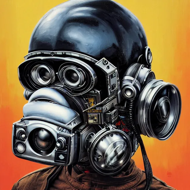 Image similar to a portrait of an anthropomorphic cyberpunk chimp in a crash helmet by sandra chevrier, detailed render, tape deck, boombox, epic composition, cybernetics, 4 k realistic, cryengine, realistic shaded lighting, sharp focus, masterpiece, by matteo scalera, gary montalbano, peter elson in the style of the tokyo ghost comic