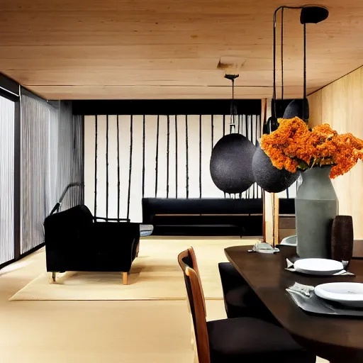 Image similar to lounge and dining room, stone, interior design, stylish luxury hotel living room design, yakisugi, black vertical slatted timber, textures, feminine, black walls, art, Japanese pottery vase with flowers, kakejiku, seasonal, Japanese influences