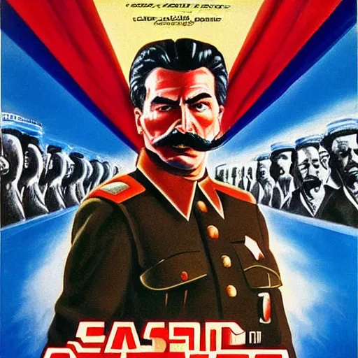 Prompt: portrait of joseph stalin as an action hero on a movie poster from the 80s, oil painting