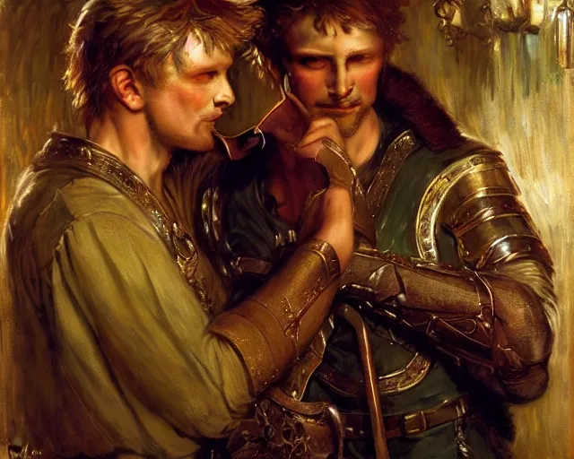 Image similar to attractive arthur pendragon and attractive lancelot go to a pub together to have some drinks. highly detailed painting by gaston bussiere, craig mullins, j. c. leyendecker 8 k